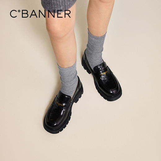 千百度厚底增高乐福鞋女黑色小皮鞋轻便通勤深口单鞋A25480369 商品图0