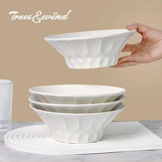Trees&wind 精美浮雕螺纹釉下彩白磁盘高脚白瓷碗精致餐具 商品图3
