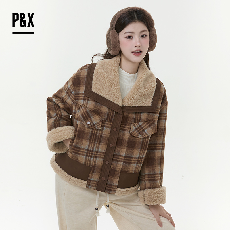 P&X设计师女装2025冬季格子小香风加绒拼短款外套825413239 咖色
