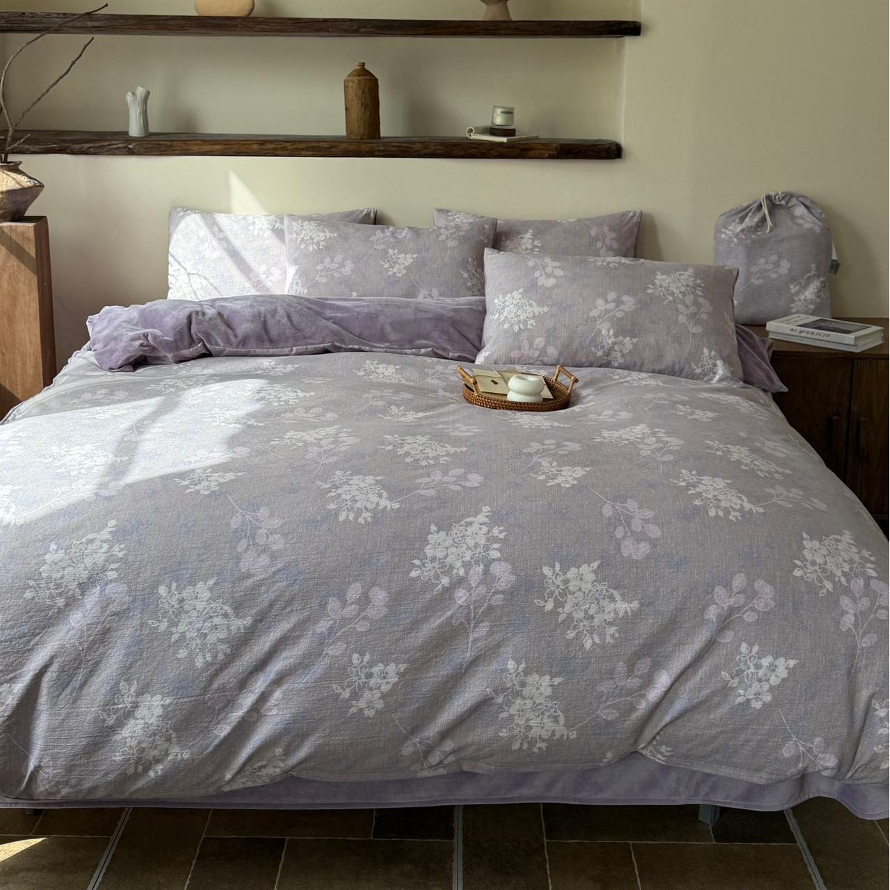 【京帝 法式雨露麻加绒五件套】舒适透气 亲肤保暖 不起静电 不爱掉毛 植物浸染 A面法式提花 B面加绒