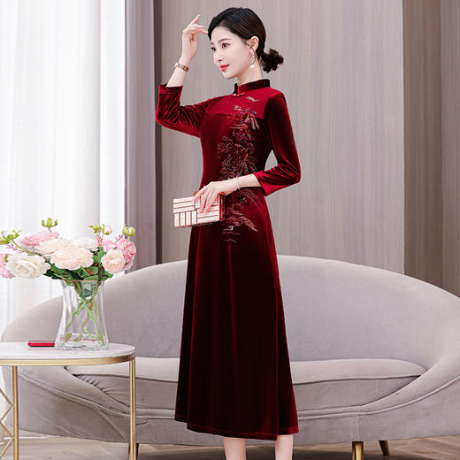 AHM thfs9668金丝绒旗袍改良复古妈妈装裙 商品图3