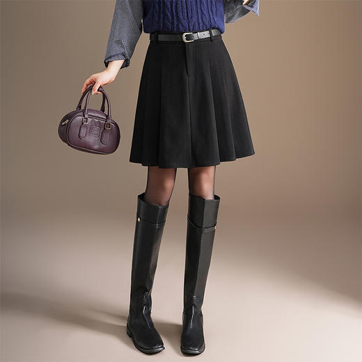 「自」全新升级【铂金会员146/天猫189/差价43】(15453)洛诗琳纯色百褶裙高腰显瘦2025秋冬季毛呢半身裙A字裙 商品图2