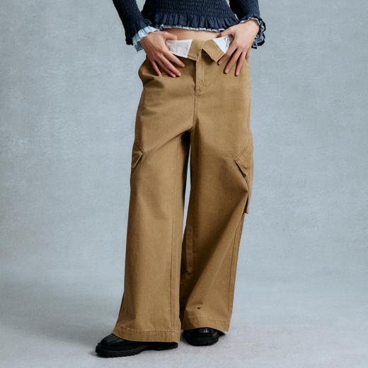 GOODBAI 斜体logo印花撞色翻腰中低腰直筒工装休闲长裤 商品图0