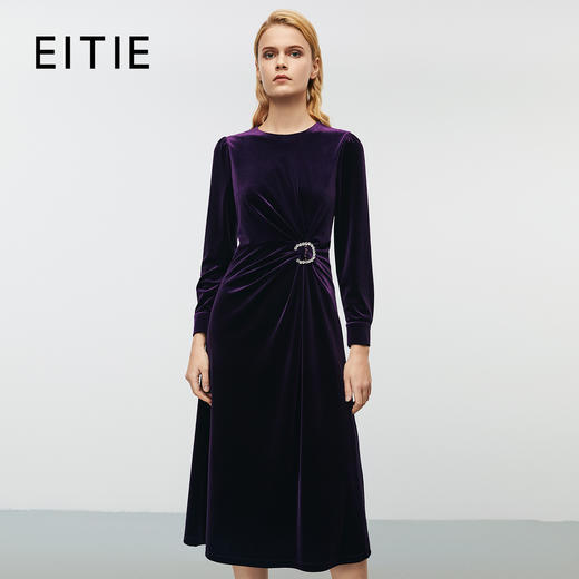 EITIE爱特爱秋季新款气质高级感法式紫色丝绒钉珠收腰礼服连衣裙7977615 商品图0