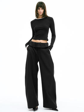 TR她热 韩系欧尼 黑色翻腰设计感显瘦百搭低腰廓形休闲裤长裤