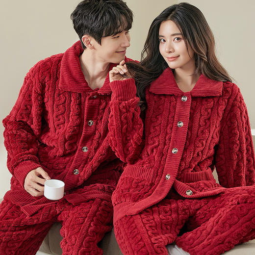 情侣舒适秋冬新款珊瑚绒法兰绒加绒中领家居服两件套可外穿 商品图0