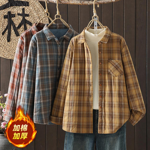 C063-6222长袖夹棉加厚格子冬季衬衫新款宽松显瘦复古休闲上衣文艺双层衬衣 商品图3