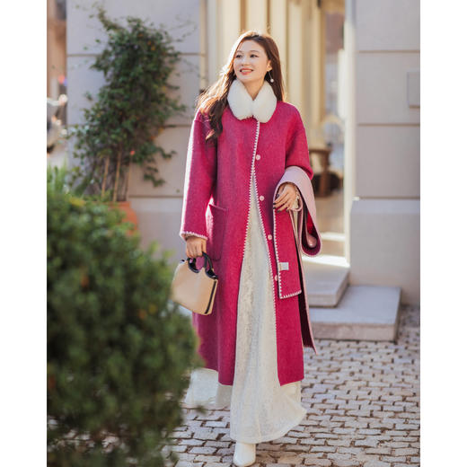 【林栖设计小店】（现货紧俏）绵羊毛双面呢配围巾渐变紫色粉色保暖2025秋冬新款宽松外套女T1954262 商品图0