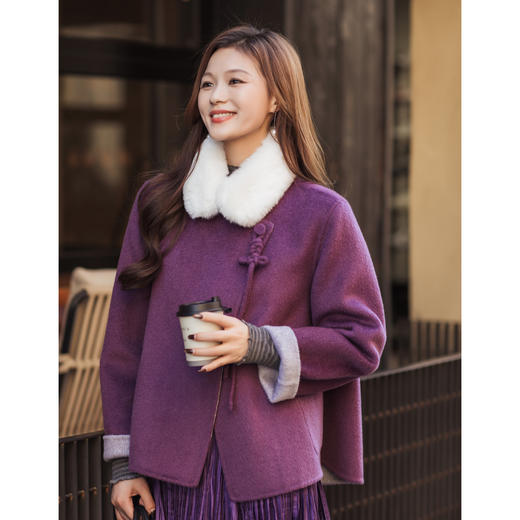 【林栖设计小店】（现货紧俏）绵羊毛双面呢紫色粉色国风新中式显瘦2025秋冬新款短款外套女T1954261 商品图4