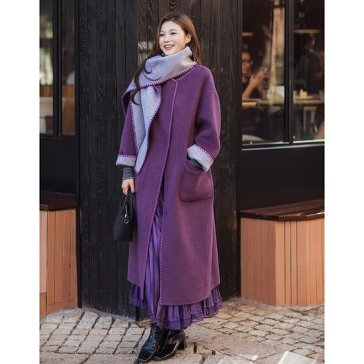 【林栖设计小店】（现货紧俏）绵羊毛双面呢配围巾渐变紫色粉色保暖2025秋冬新款宽松外套女T1954262 商品图5