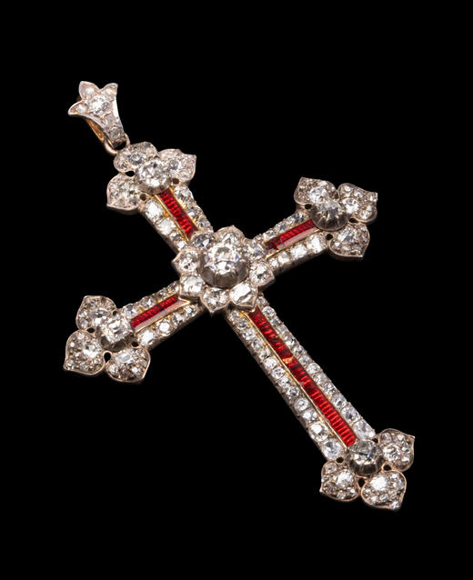独角鹿西洋古董1850-1870年代欧洲出品黄金底纯银镶嵌钻石及红色珐琅十字架造型吊坠 商品图3