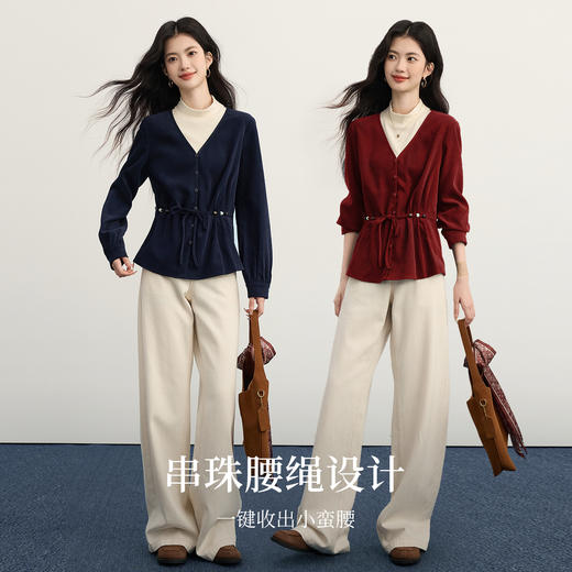 【年终特卖】熙世界叠穿假两件磨毛衬衫女2025秋冬新款串珠收腰显瘦半高领上衣 商品图2