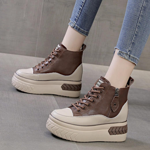 板鞋牛皮松糕单鞋高跟厚底，内增高休闲高帮鞋子短靴女鞋AM-1371 商品图1