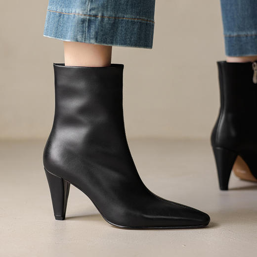 【预售5天】法式复古方头粗跟短靴女秋冬加绒真皮高跟靴子中筒靴&M6627 商品图1