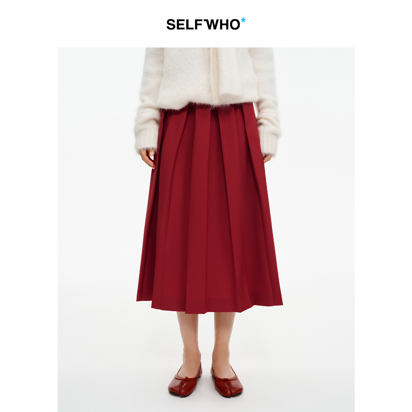 SELFWHO羊毛混纺圣诞红A字工字褶半身裙女2025冬新款保暖显瘦半裙