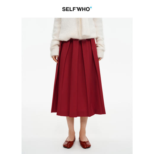 SELFWHO羊毛混纺圣诞红A字工字褶半身裙女2025冬新款保暖显瘦半裙 商品图0