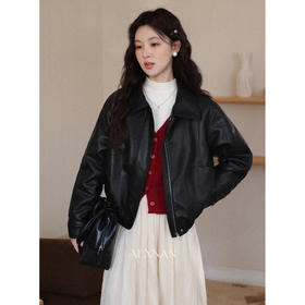 鹿向南「墨氅凝香」黑色皮衣外套女秋季款独特高级翻领加绒夹克女