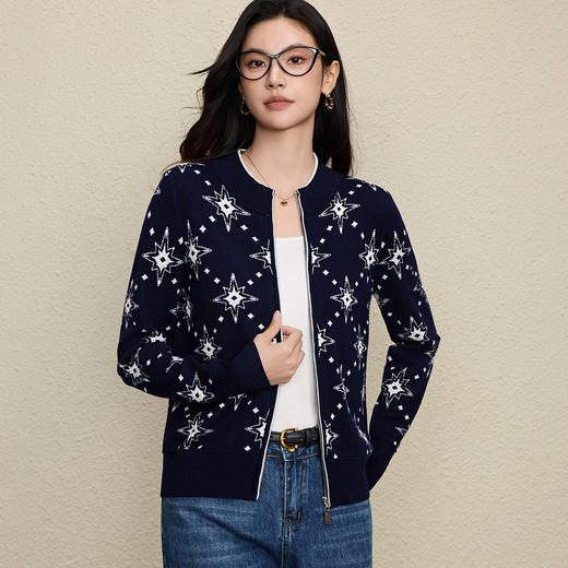 「自」全新升级【铂金会员284/天猫379/差价95】(14202)洛诗琳重工提花星星图案羊毛开衫2025秋冬立领拉链外套女 商品图2