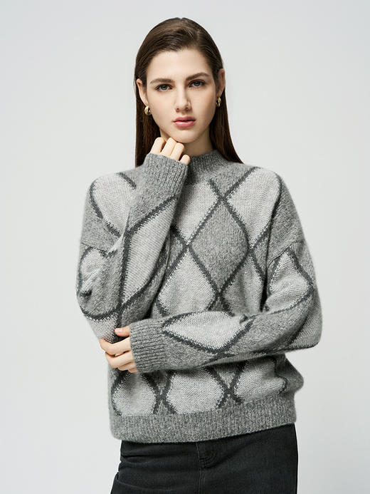 【羊绒+桑蚕丝半高领套衫】羊绒世家秋冬新品女士半高领菱形印花针织套衫 商品图1