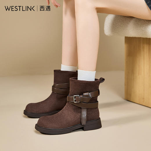 西遇美拉德短靴女秋冬复古棕色西部牛仔靴圆头厚底英伦马丁靴V2257284 商品图2