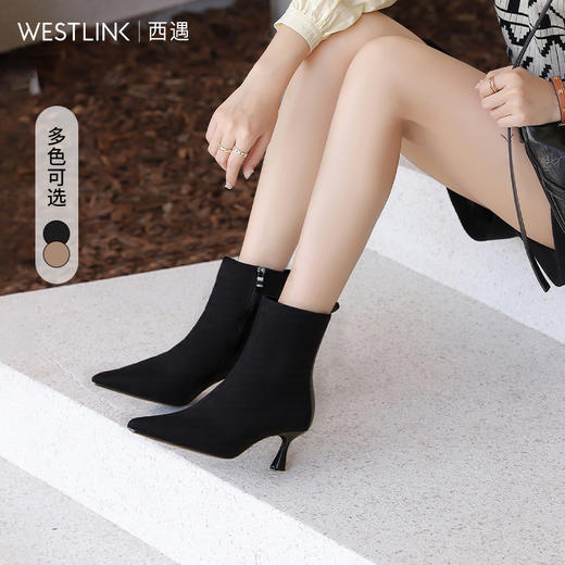 西遇法式小踝靴女新款秋冬高跟鞋复古绒面瘦瘦靴细跟尖头短靴V2257299 商品图0
