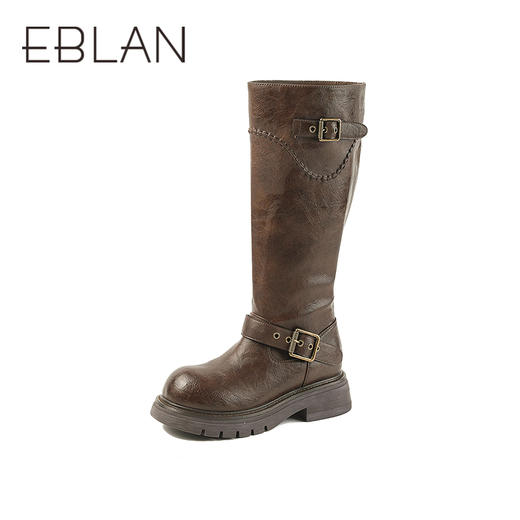 伊伴冬季机车风酷飒长筒骑士靴圆头粗跟增高B25505302 商品图1