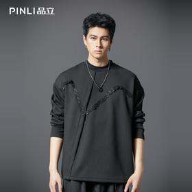 PINLI品立春季新款男士宽松立领亮片织带长袖T恤上衣体恤潮牌B253111106