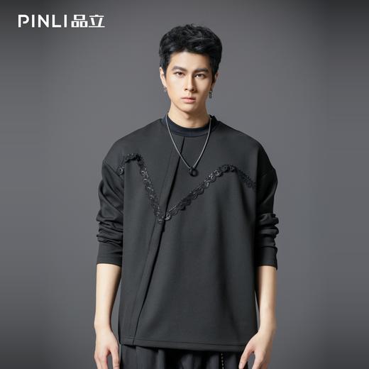 PINLI品立春季新款男士宽松立领亮片织带长袖T恤上衣体恤潮牌B253111106 商品图0