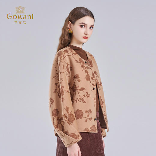 乔万尼2025冬新品100%绵羊毛提花艺术感无领优雅短款毛呢大衣外套ED4B792 商品图2