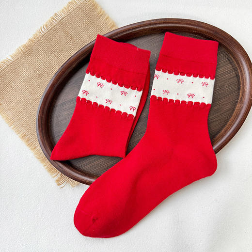 新年红色系袜子蝴蝶结点子中筒袜-纪念日百货门店同款167746074 商品图2