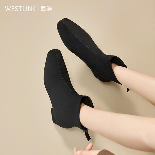 西遇法式瘦瘦靴女新款秋冬单靴配裙子绒面黑色粗跟巨好看短靴V2257248 商品图1