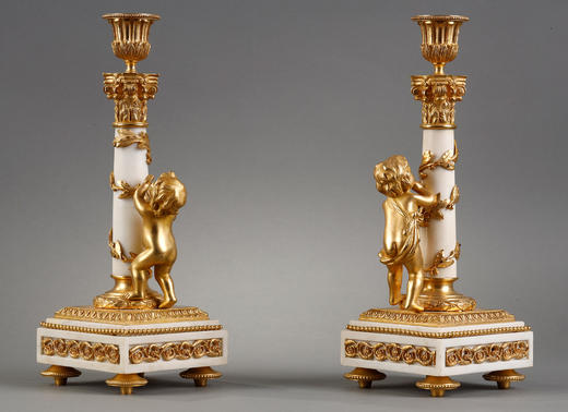 独角鹿西洋古董1870年代法国出品路易十六风格小天使主题铜鎏金精雕装饰白色大理石烛台一对 商品图2