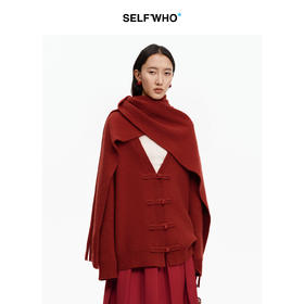 SELFWHO绵羊毛混纺圣诞红国风盘扣V领针织衫女2025冬新款落肩毛衣