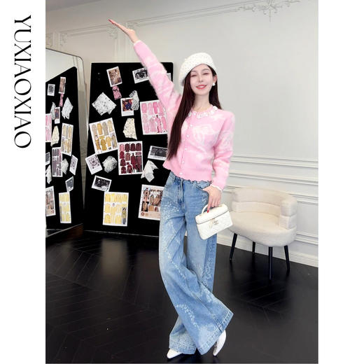 余潇潇【花漾剪影】时尚复古精致牛仔重工烧花工艺直筒牛仔裤 商品图3