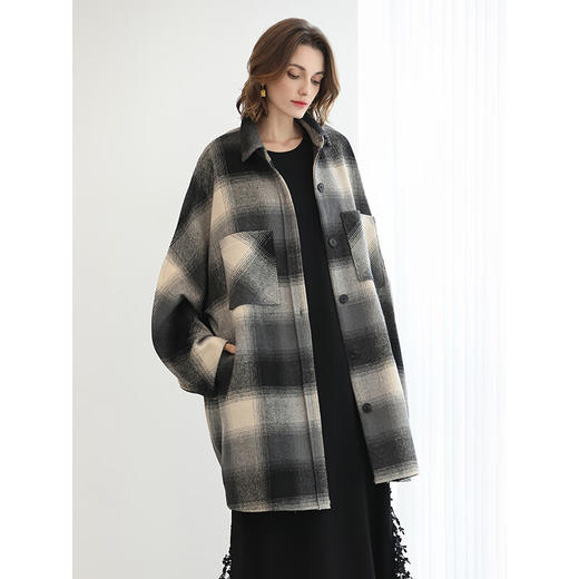 COCOBELLA英伦风格子毛呢外套秋冬中长款翻领呢子大衣WL3223 商品图1