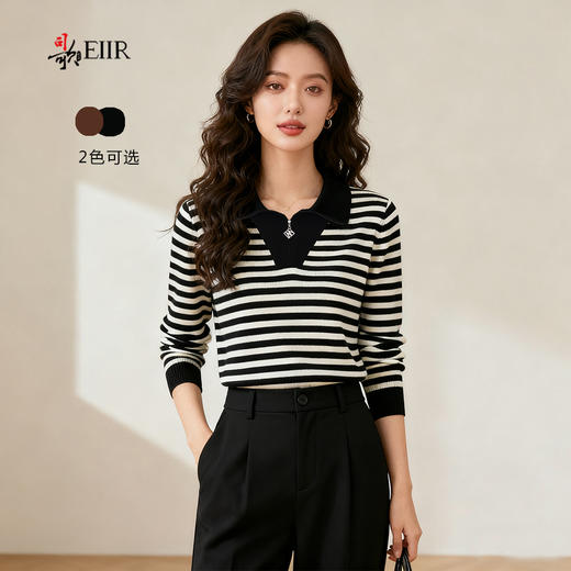 司歌条纹毛衣翻领套头衫秋冬女G92G3159 商品图1