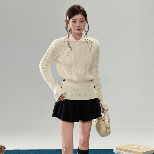 西遇大翻领老钱风麻花毛衣女冬季新款设计感纽扣收腰针织衫SS051821 商品图4