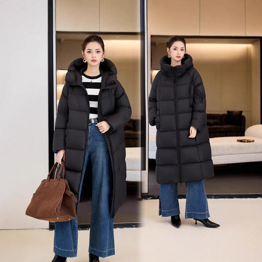 ASE 7759时尚长款羽绒服显瘦连帽过膝纯色时尚简约厚外套 商品图1