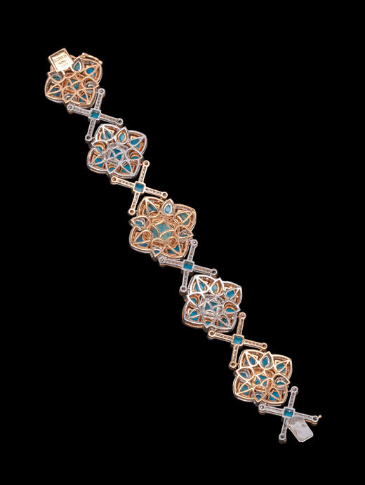 独角鹿西洋古董20世纪晚期欧洲出品黄金及白金镶嵌绿松石黄钻及白钻花卉造型手镯 商品图4