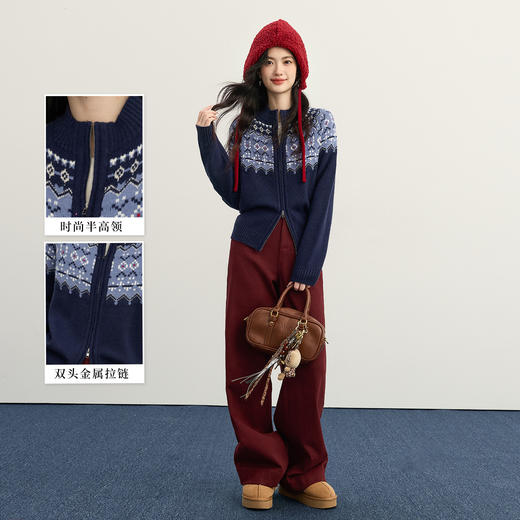 【11/14新品】熙世界复古北欧风费尔岛毛衣开衫女秋冬长袖双拉链提花针织短外套 商品图2