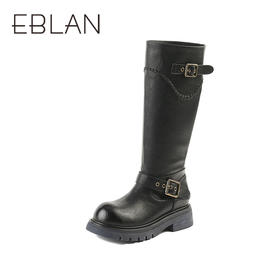 伊伴冬季机车风酷飒长筒骑士靴圆头粗跟增高B25505302