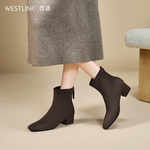 西遇法式瘦瘦靴女新款秋冬单靴配裙子绒面黑色粗跟巨好看短靴V2257248 商品图2