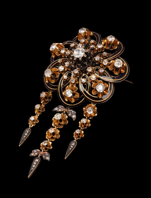 独角鹿西洋古董1850-1870年代欧洲出品18K黄金镶嵌钻石及珐琅花卉流苏造型胸针 商品图2