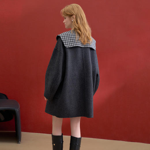西遇减龄娃娃领双面呢毛呢外套女冬季复古撞色格纹呢子大衣H0055304 商品图4