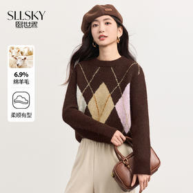 【11/14新品】熙世界miu系学院撞色菱格毛衣女25秋冬新款慵懒风正肩圆领针织衫