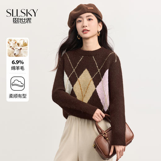 【11/14新品】熙世界miu系学院撞色菱格毛衣女25秋冬新款慵懒风正肩圆领针织衫 商品图0