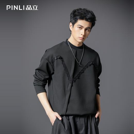 PINLI品立春季新款男士宽松立领亮片织带长袖T恤上衣体恤潮牌B253111106 商品图3