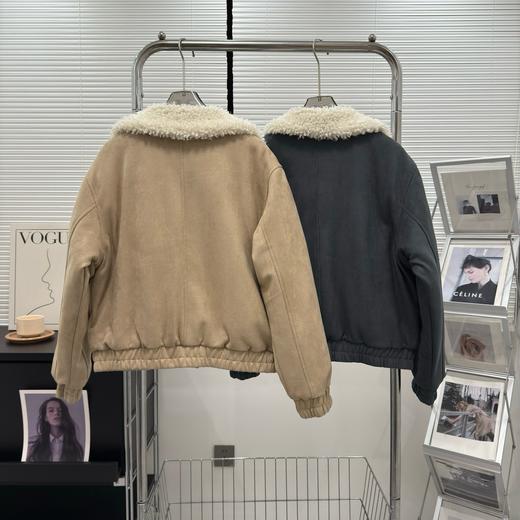 D111351侧三杠仿麂皮拼接驼绒毛拉链棉服外套 商品图1