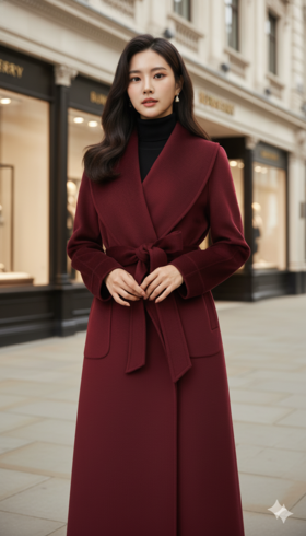 小轮廓翻领中长款双面手工大衣（附腰带）