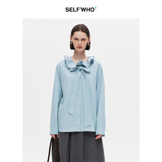 SELFWHO绵羊毛混纺荷叶领衬衫女2025冬季新款蝴蝶结胸针绑带上衣 商品图0